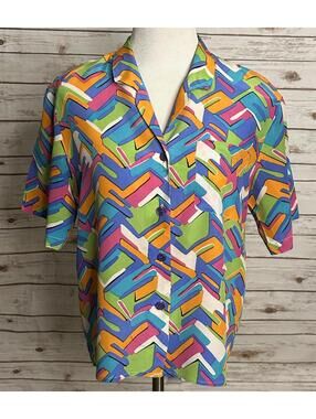 Vintage SK & Company artsy multicolored abstract silk button-up blouse Size 10